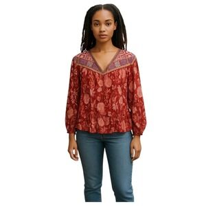 Rachel Zoe  Top Womens L  Red Pink Floral Boho Festival Summer Peasant Cottage